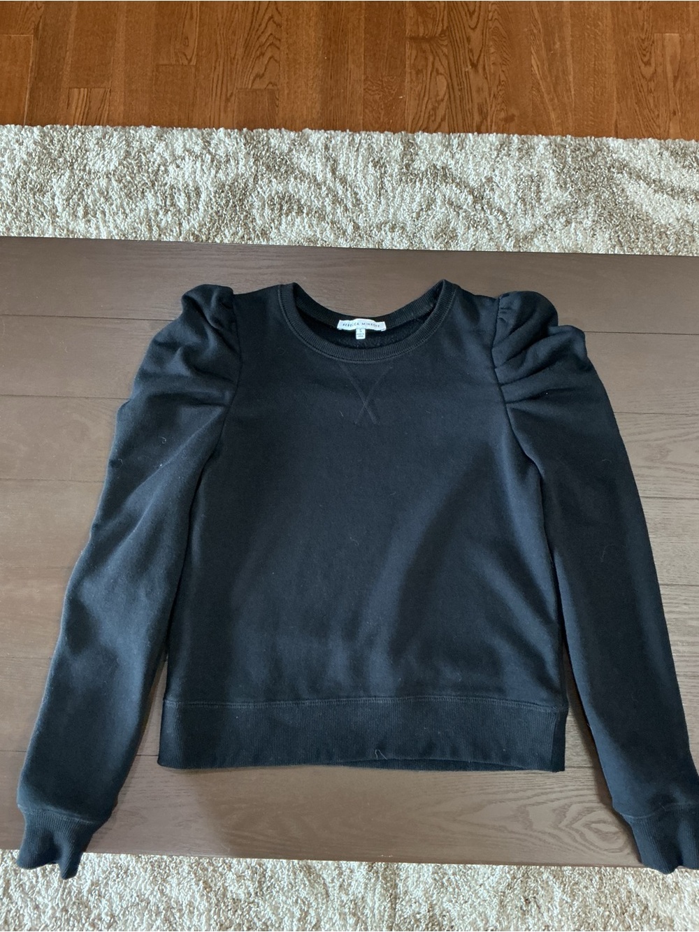 Rebecca Minkoff Black Puff-Sleeve Crewneck Top